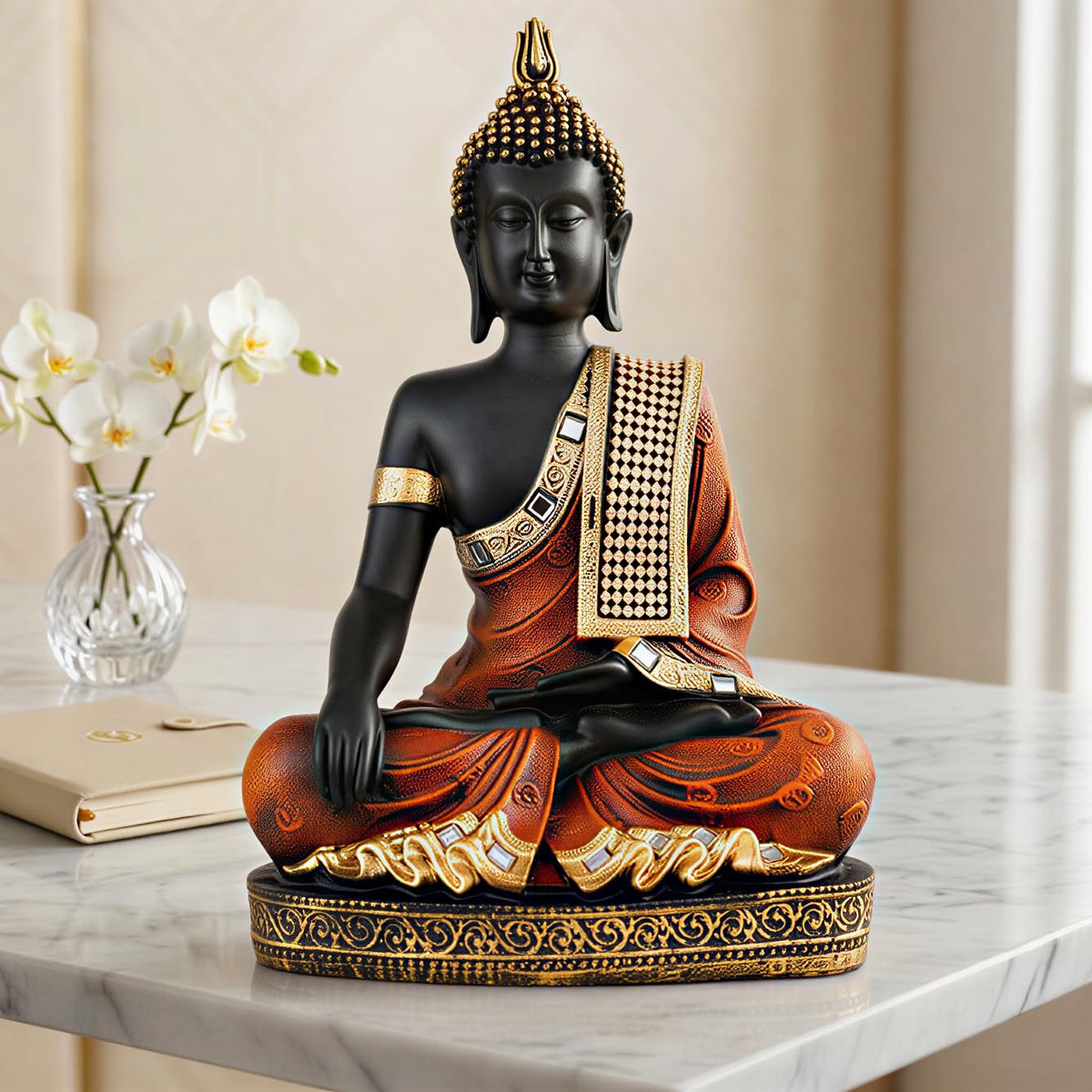 Buddha Idol Statue | Home Decoration Items for Living Room (Orange Black)