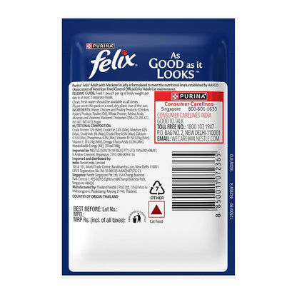 Purina Felix Mackerel in Jelly, Wet Food for Adult Cats, 85g Pouch | With Mackerel in Jelly, Tasty Meaty Chunks, 100% Complete & Balanced Nutrition, Vitamins D & E, Omega 6, Essential Minerals