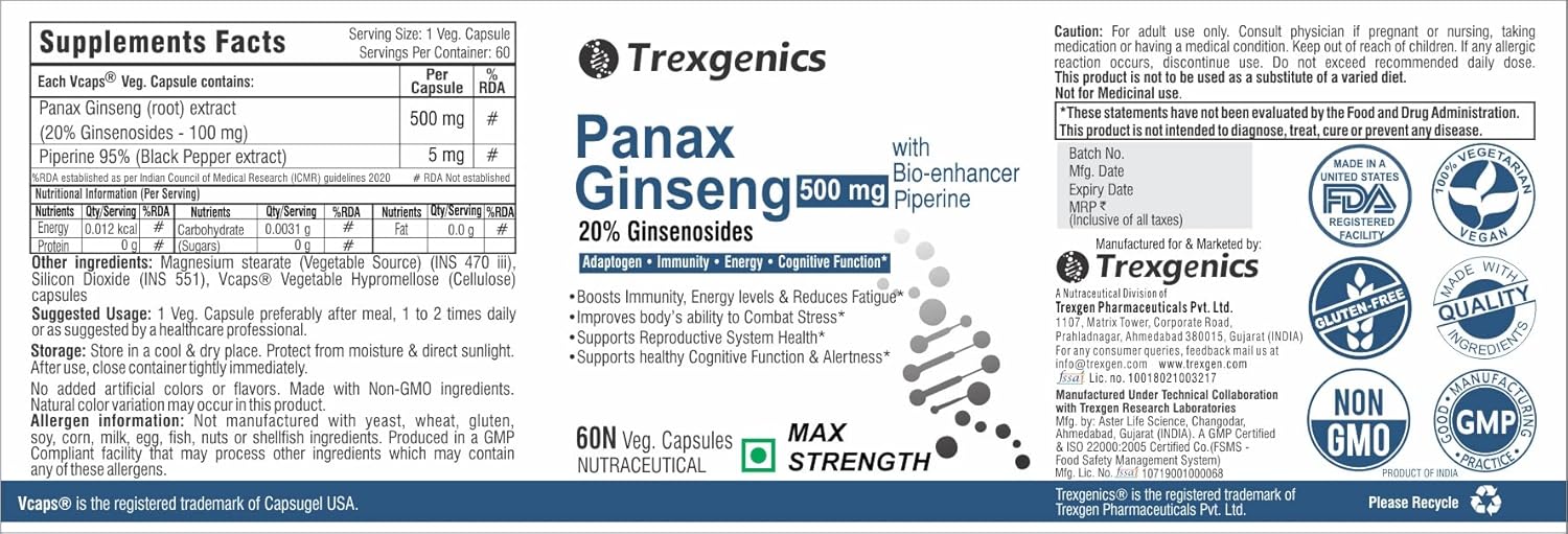 Trexegenics Panax Ginseng supplement label with branding and certification logos.