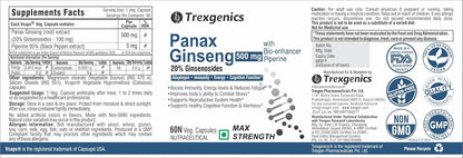 Trexegenics Panax Ginseng supplement label with branding and certification logos.