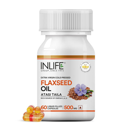 INLIFE Flaxseed Oil Omega 3 6 9 Fatty Acid Supplement - Extra Virgin Cold Pressed 500 mg - 60 Capsules