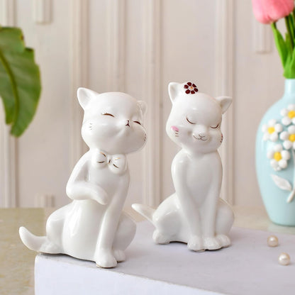 Lovely Ceramic cat Pair Statues for Home Decor (Pack of 2, White)