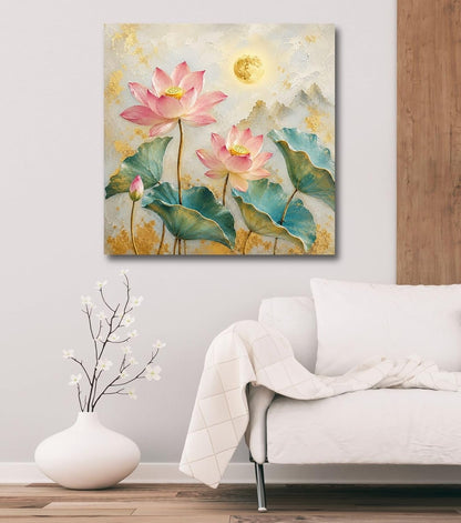 Lotus Flower Painting for Wall Vastu (15+ DESIGNS) Framed Lotus Canvas Painting for Living Room, Bedroom | Nature Floral Wall Art with Multiple Design Variations (Pink Multi Lotus, 18x18 Inch, Framed)