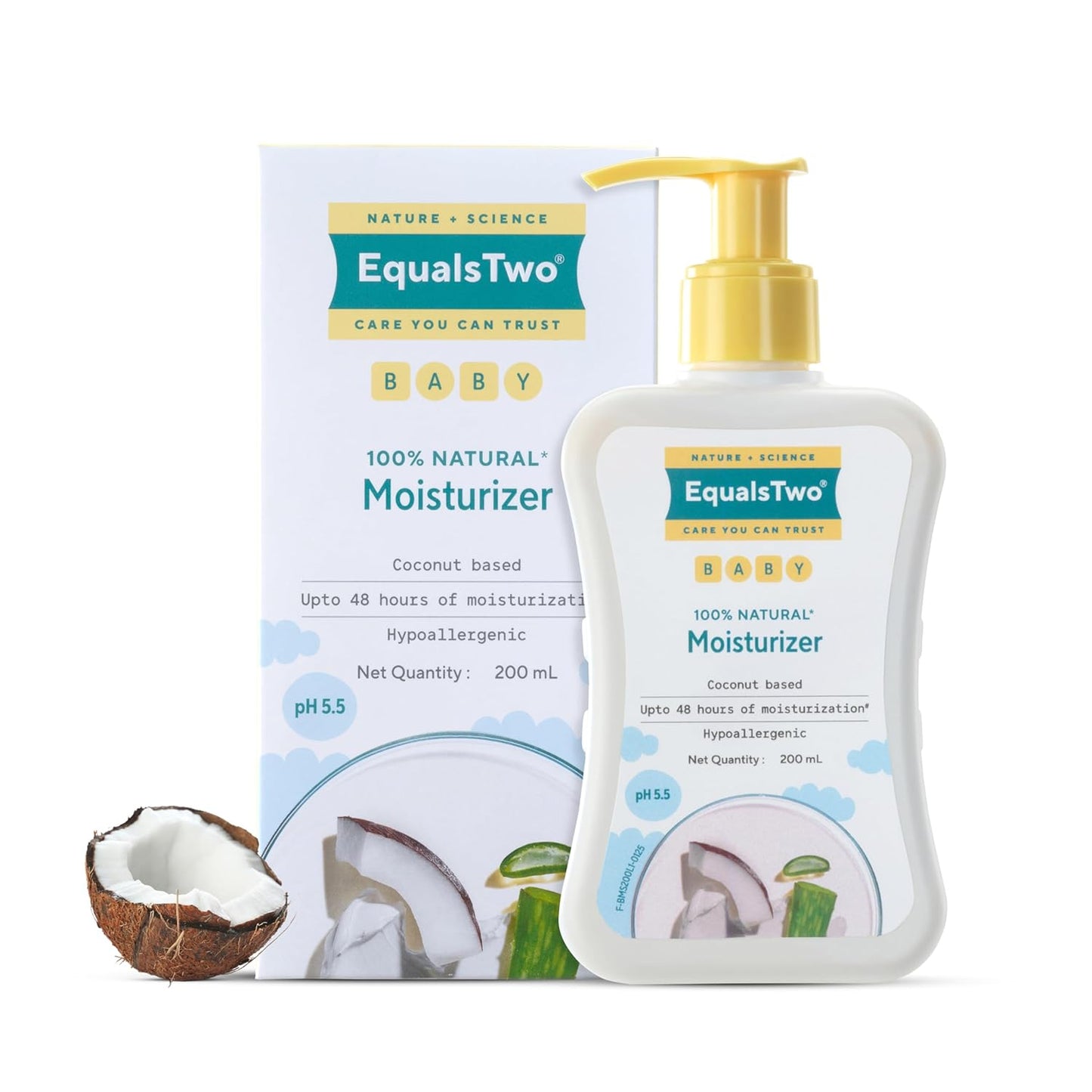 EQUALSTWO by Zydus Baby Moisturizer, 200ml, 100% Natural Coconut based Daily Baby Skin Care Body Lotion for Nourishing Skin, All Skin Types, PH 5.5, Dermatalogically Tested, No Parabens No Sulphates, (Pack 1)