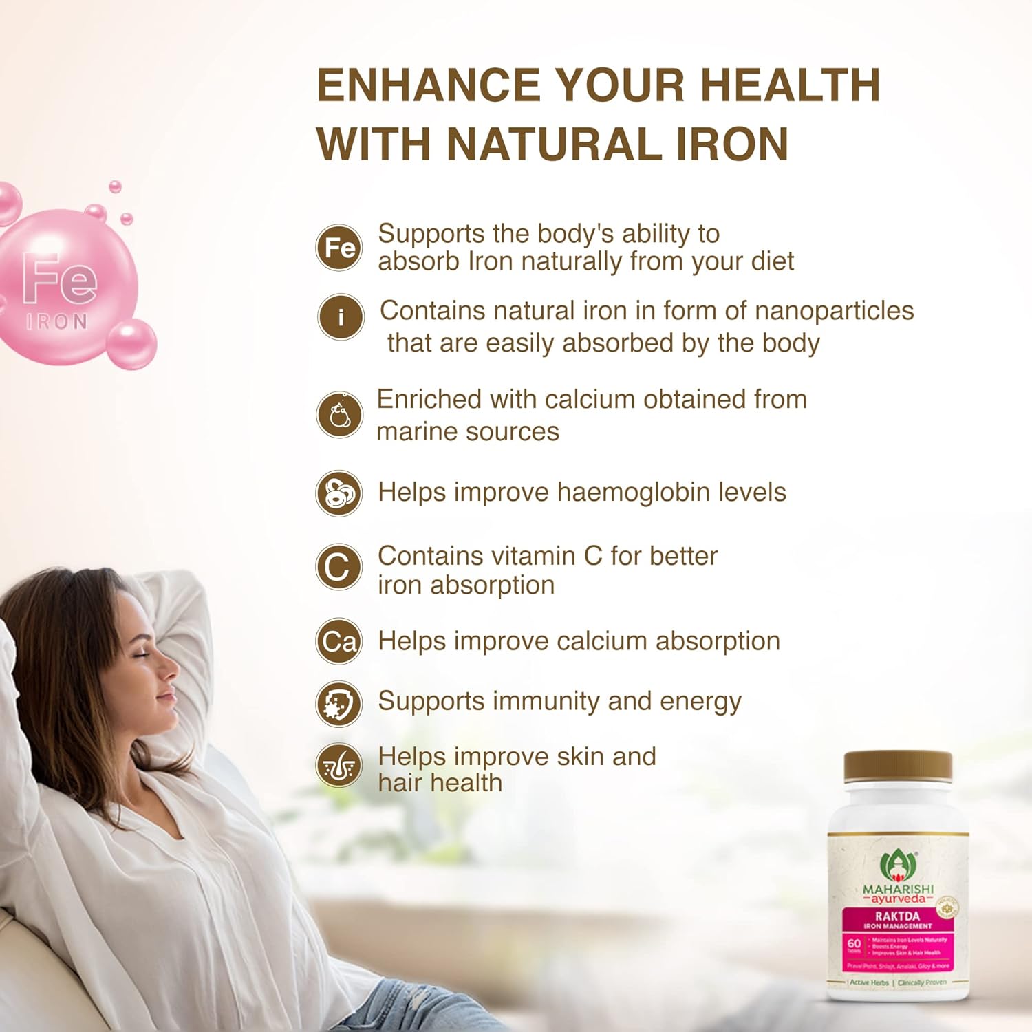 Zephivo Maharishi Ayurveda Raktda Iron Management Tablets For Men&Women | Ayurvedic Iron Supplement With Vitamin C&Calcium | Maintains Haemoglobin Levels | Boosts Energy | Improves Skin&Hair Health | 60 Tablets
