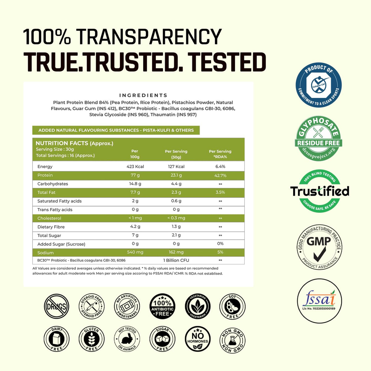 Product label with ingredients, nutrition facts, and certification logos on a white background