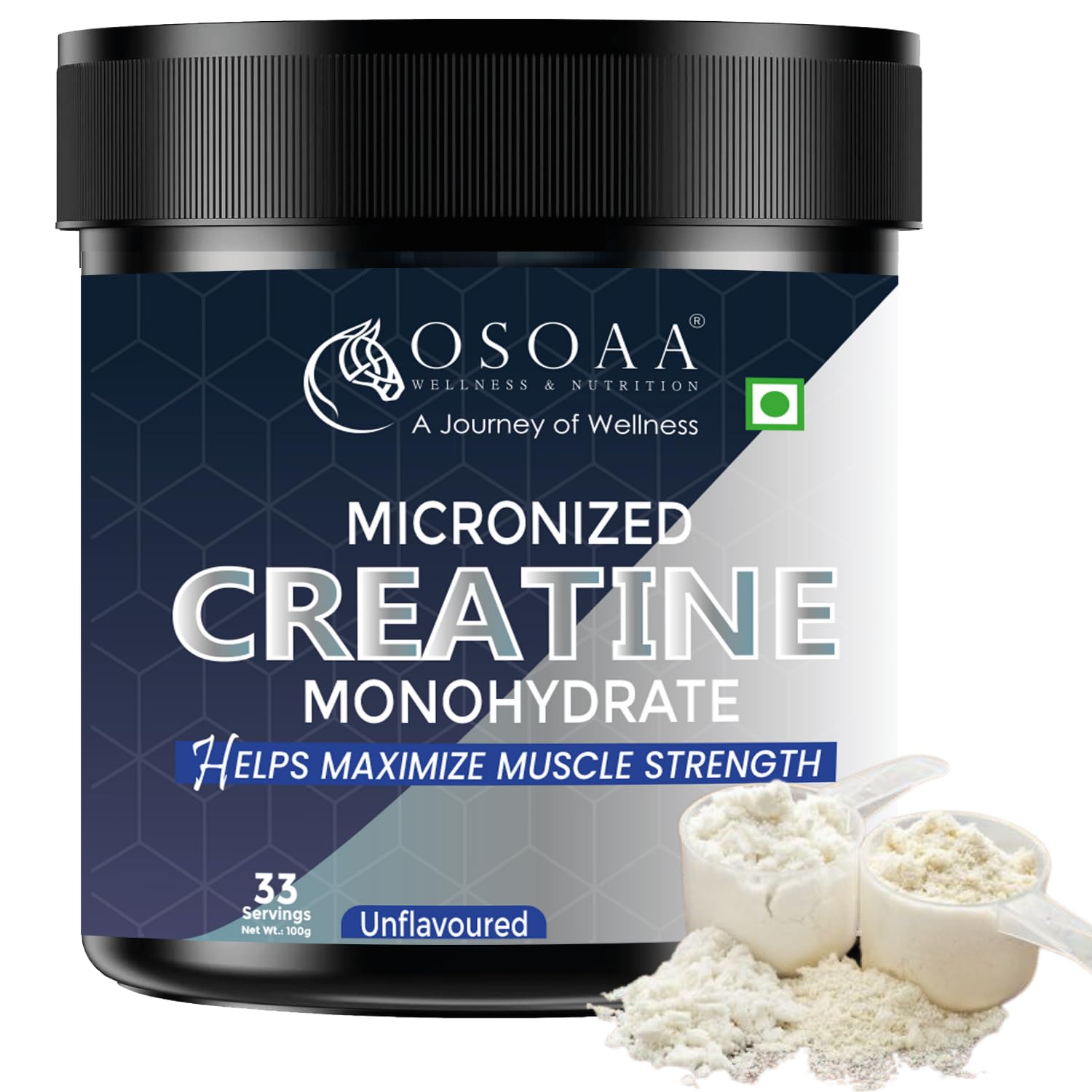 Osoaa Micronized Creatine Monohydrate supplement container with powder and scoop on a white background