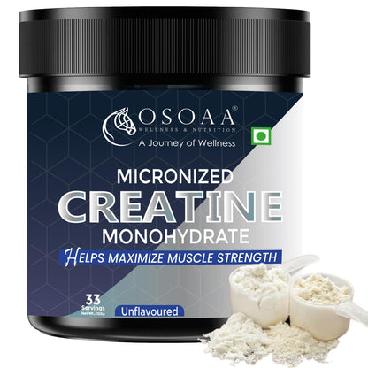 Osoaa Micronized Creatine Monohydrate supplement container with powder and scoop on a white background