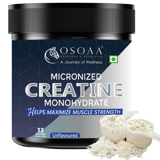 Osoaa Micronized Creatine Monohydrate supplement container with powder and scoop on a white background