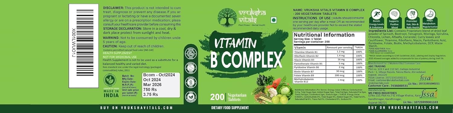 Vitamin B Complex supplement label with green background and product details.