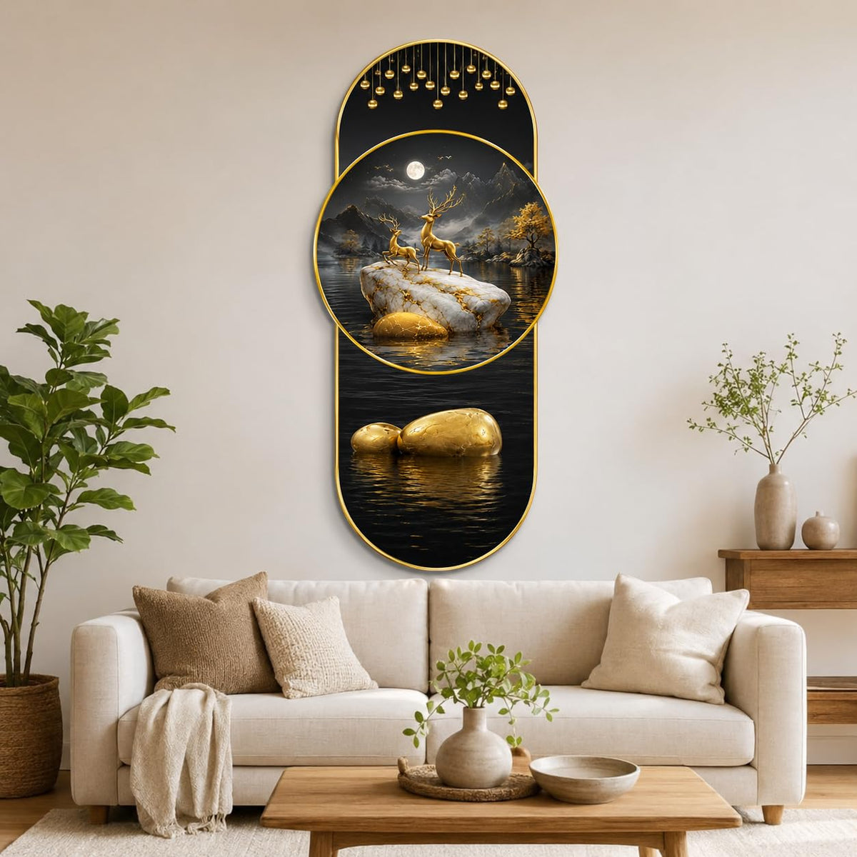 Golden Deer Lake Landscape Wall Painting for Living Room, Dining Room & Bedroom Decor, Black Gold Nature Artwork with Moon & Premium PVC Golden Frame (16 x 35 Inch)