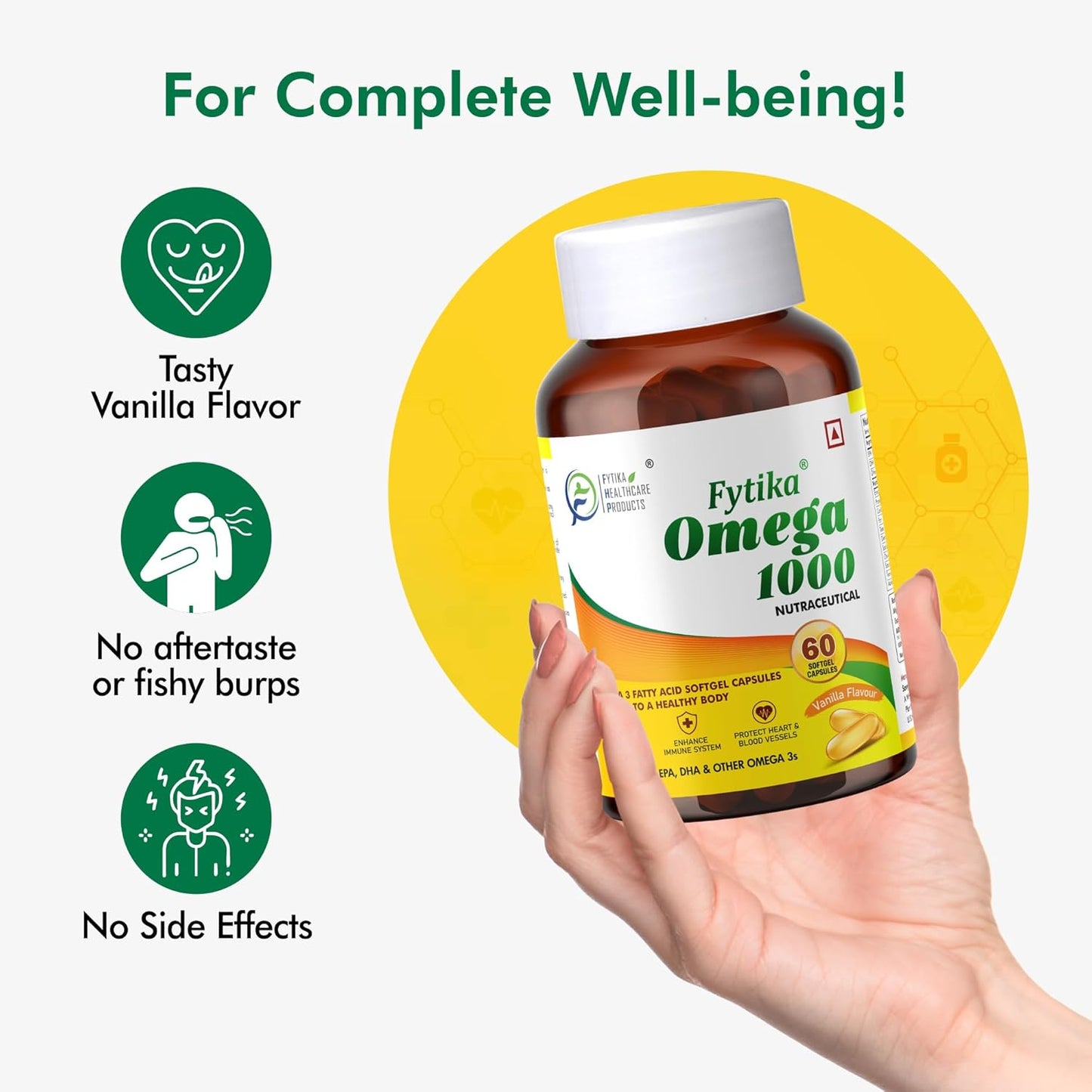 Fytika Omega 1000 supplement bottle held in a hand with product features listed.