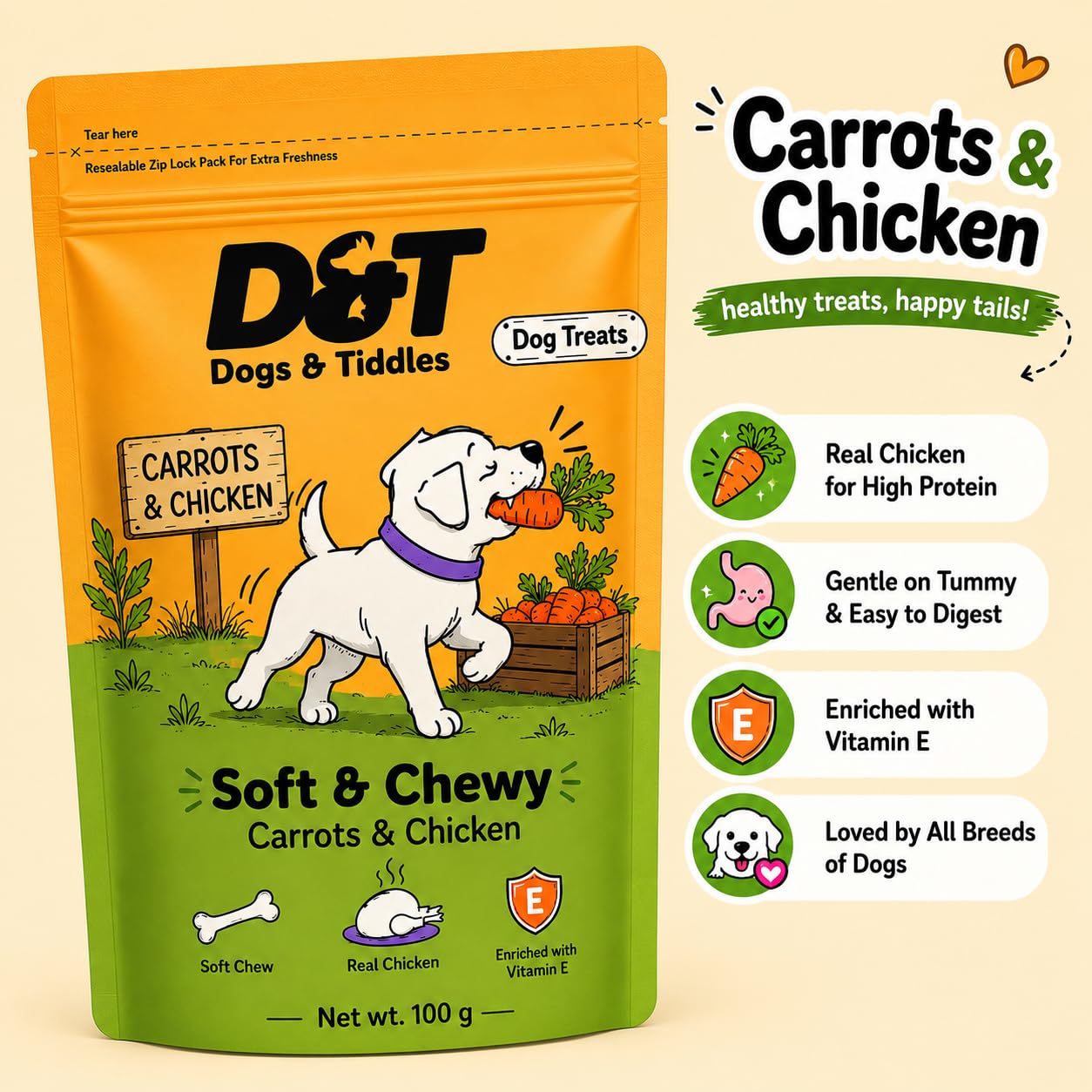 Dogs & Tiddles Carrot & Real Chicken Dog Treats for Puppies & Adult Dogs, 100g | Soft & Chewy Puppy Treats | Tasty Training Treats and Dog Snacks|Supports Digestion & Muscle Health