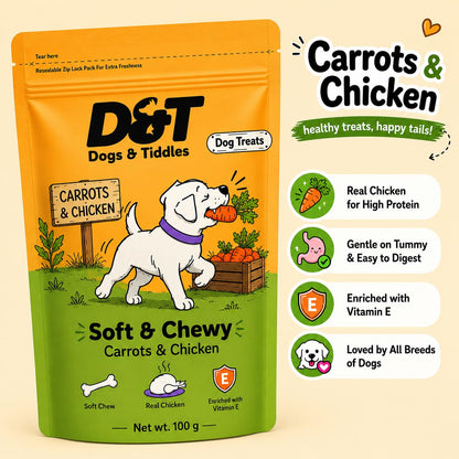 Dogs & Tiddles Carrot & Real Chicken Dog Treats for Puppies & Adult Dogs, 100g | Soft & Chewy Puppy Treats | Tasty Training Treats and Dog Snacks|Supports Digestion & Muscle Health