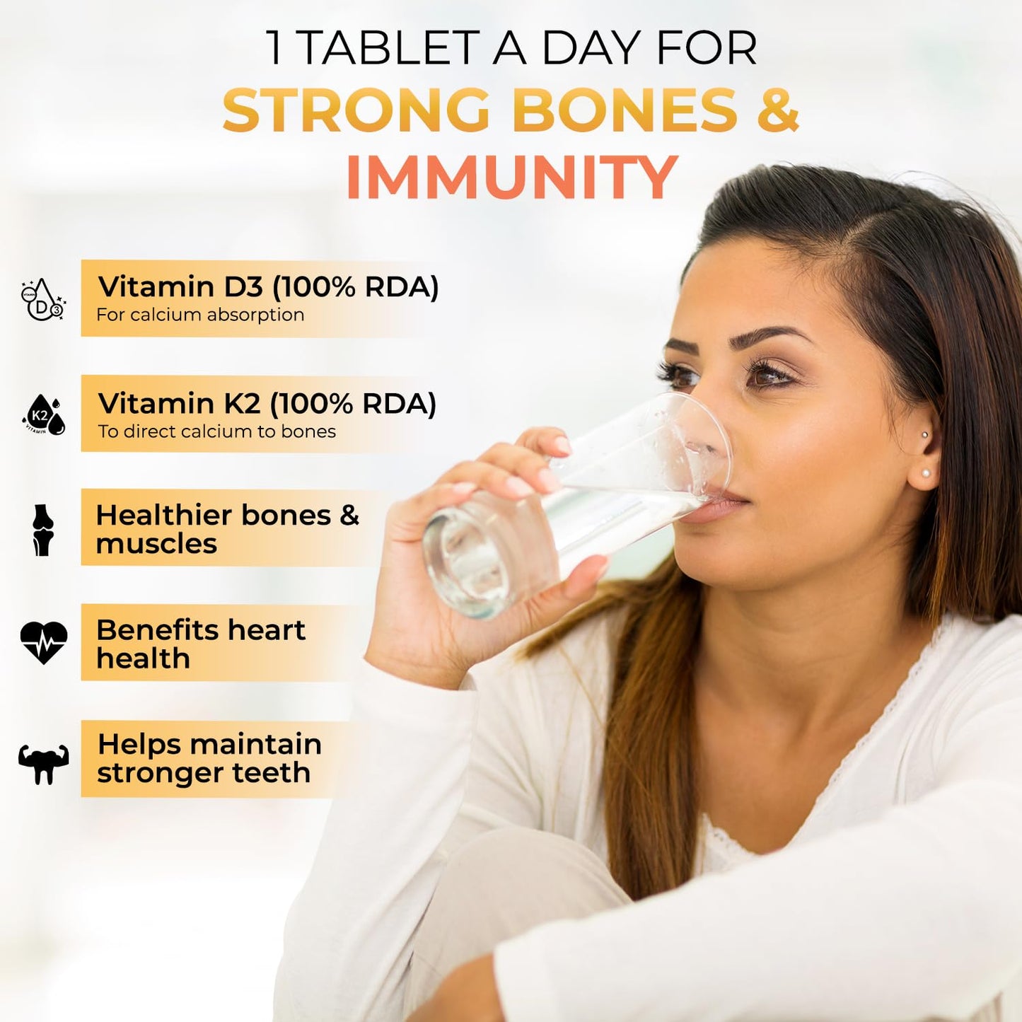Woman drinking water with health benefits text overlay on a white background