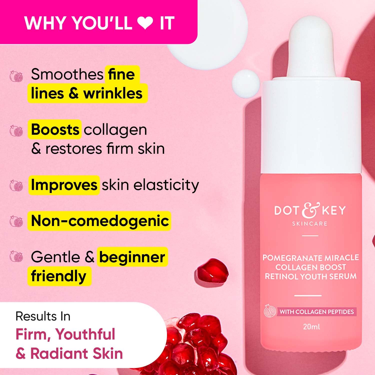 Zephivo Dot & Key Pomegranate & Retinol Anti Ageing Serum for Face| Boosts Collagen | Reduces Fine Lines & Wrinkles| For Mature, Combination & Dry Skin | Fights Signs of Ageing, 20ml
