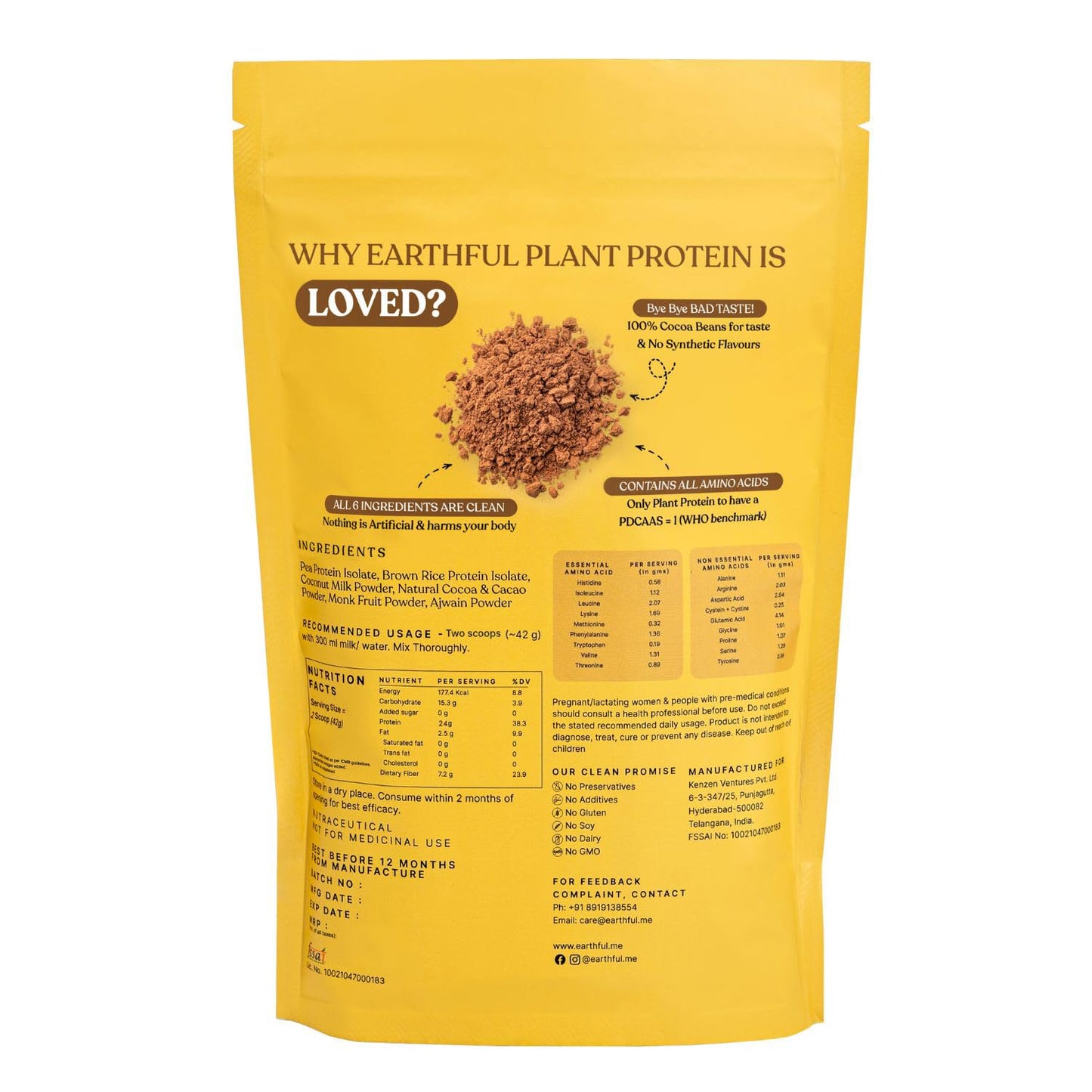 Zephivo Earthful Honest Plant Protein | 24g Protein/Serving & 4.9g BCCAs | For Weight Management, Energy, Muscle Support & Recovery | Made with Pea & Brown Rice | Indonesian Cocoa - 504g
