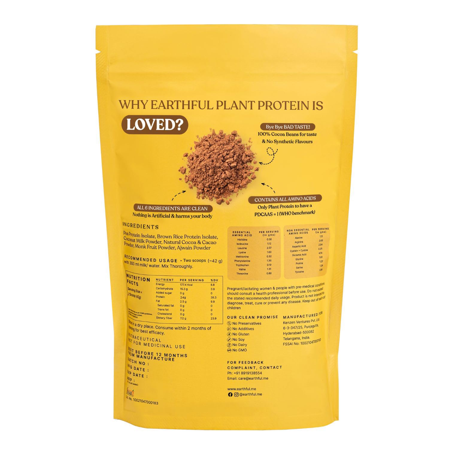 Zephivo Earthful Honest Plant Protein | 24g Protein/Serving & 4.9g BCCAs | For Weight Management, Energy, Muscle Support & Recovery | Made with Pea & Brown Rice | Indonesian Cocoa - 504g