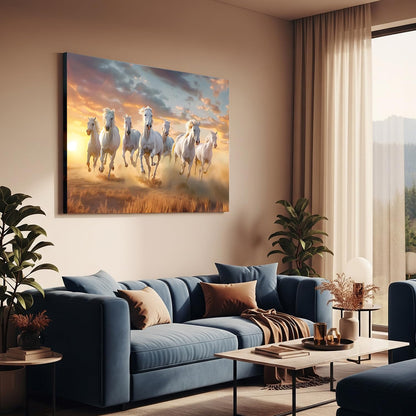 Canvas Wall Art Painting, 7 Running Horses with Rising Sun, Vastu Frame Decor, Multicolour, 45.7 x 61 cm (7 RUNNING HORSES)