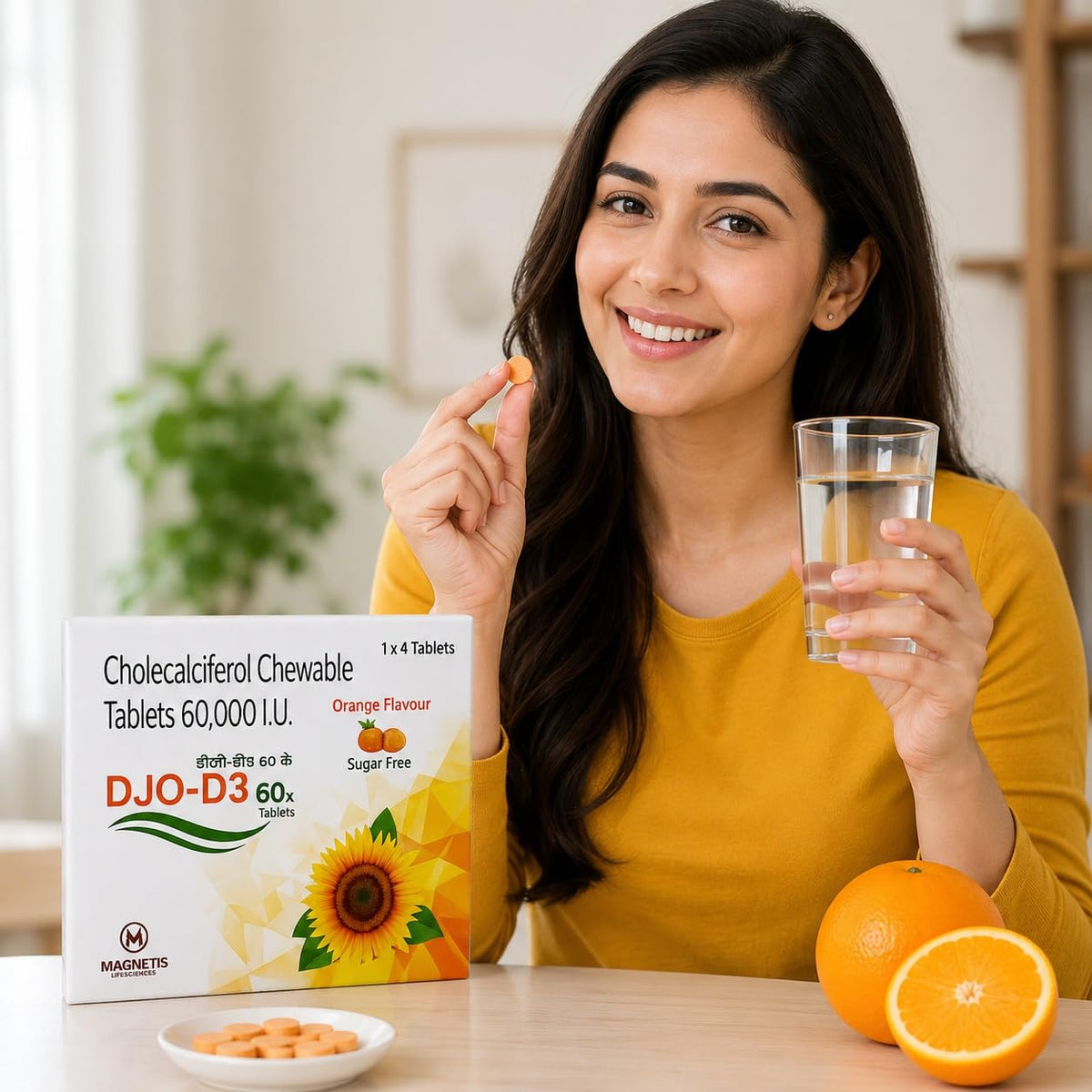 DJO-D3 60k Vitamin D3 Chewable Tablets | Cholecalciferol 60000 IU | Sugar Free Orange Flavour | Vitamin D3 Supplement for Men and Women | 4 Tablets