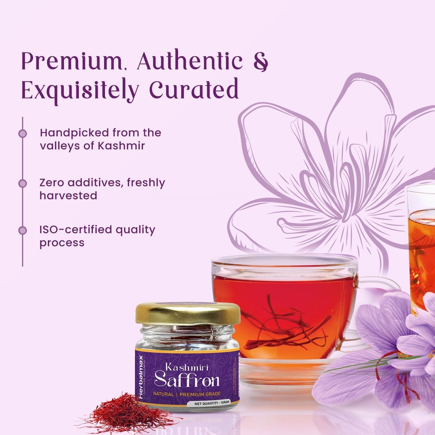 Herbal Max Original Kashmiri Kesar Saffron – 1gm | A+++ Grade Mongra Kesar | Pure & Natural Zafran Leaves | Ideal for Cooking, Sweets, Beverages & Personal Use