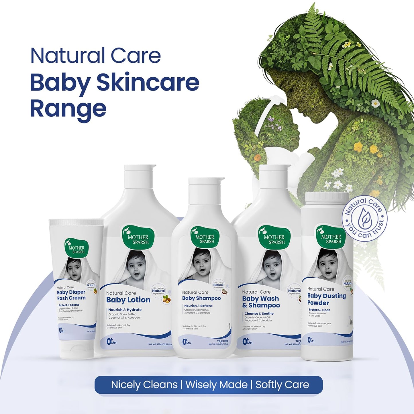 Mother Sparsh Natural Care Baby Wash & Shampoo-400ml | Baby Head to Toe Wash | Tear Free Formula With Organic Coconut Oil, Calendula & Avocado | Suitable for Newborn Sensitive Skin