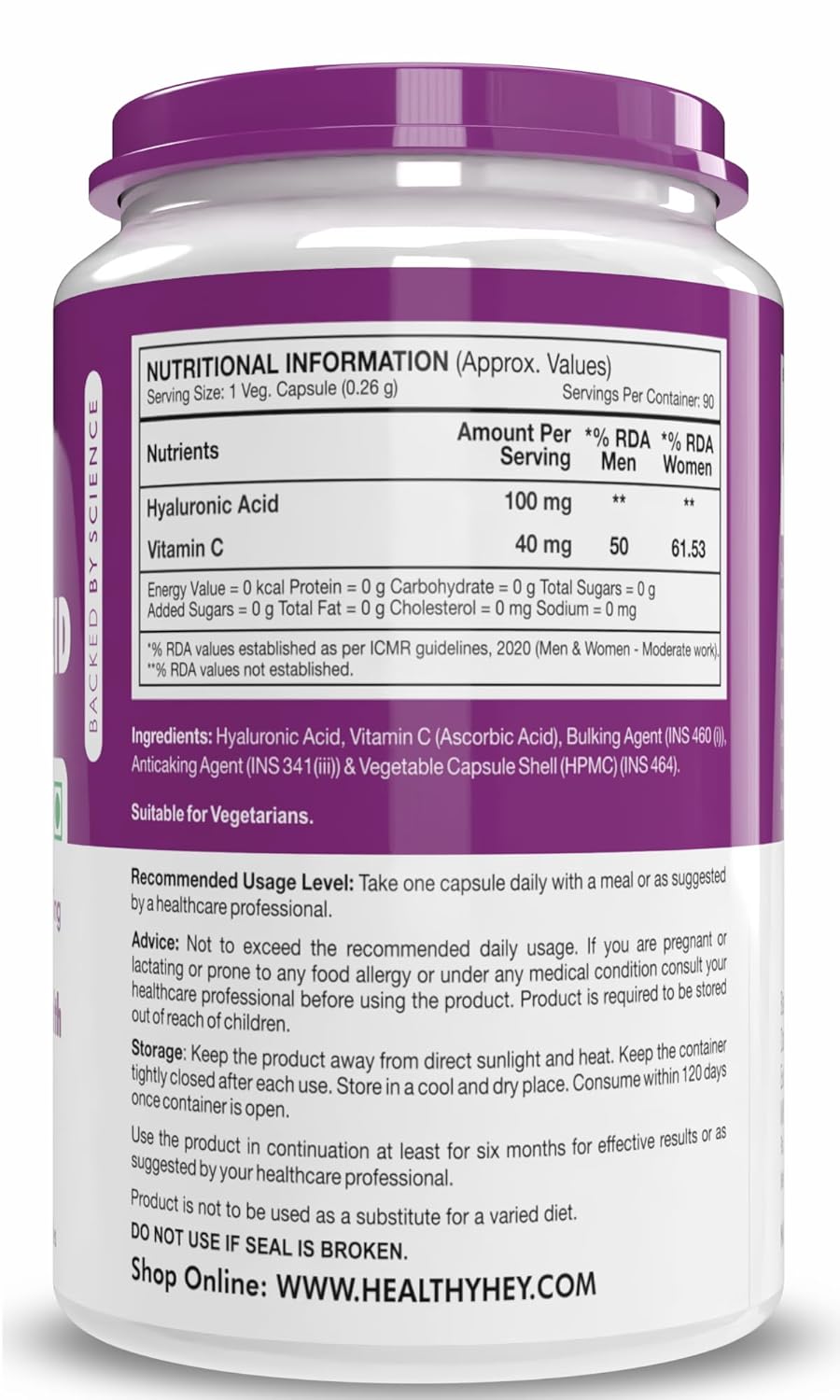 Nutritional information label on a supplement container with purple lid and white body.