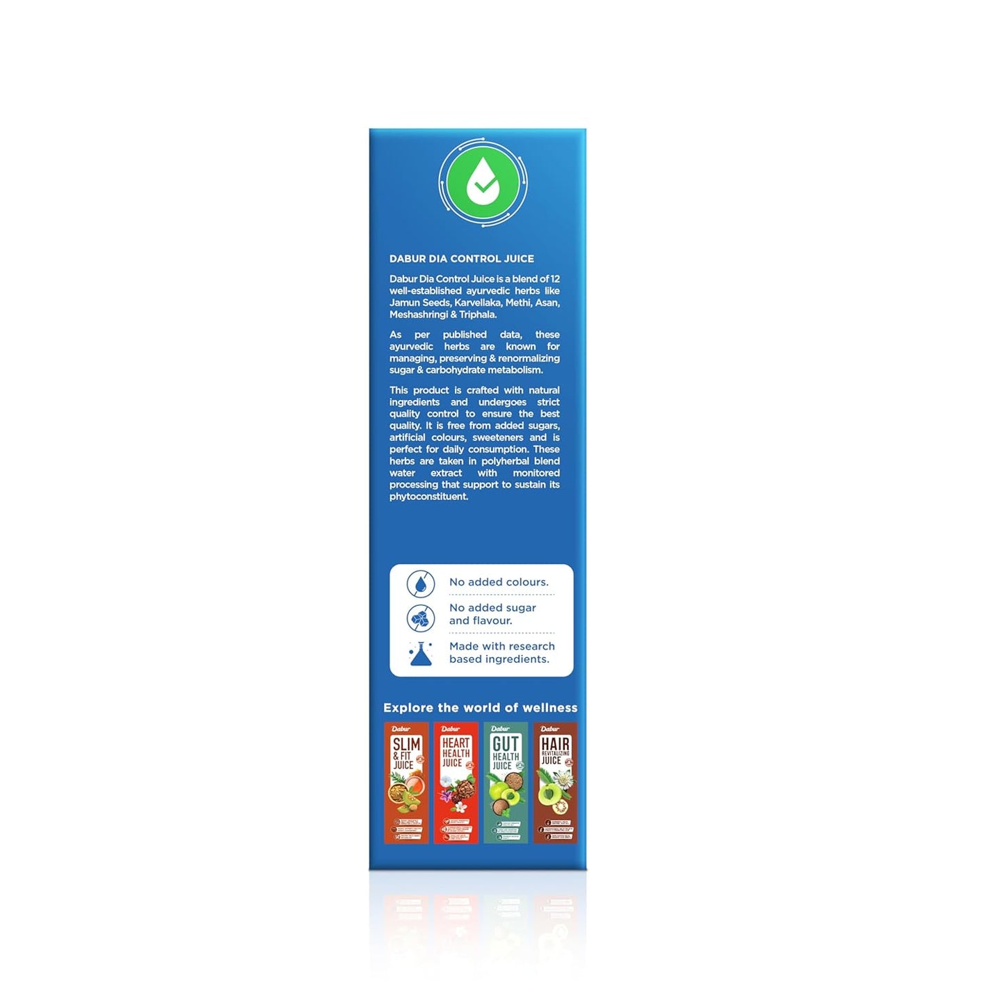 Blue juice box packaging with text and graphics on a white background