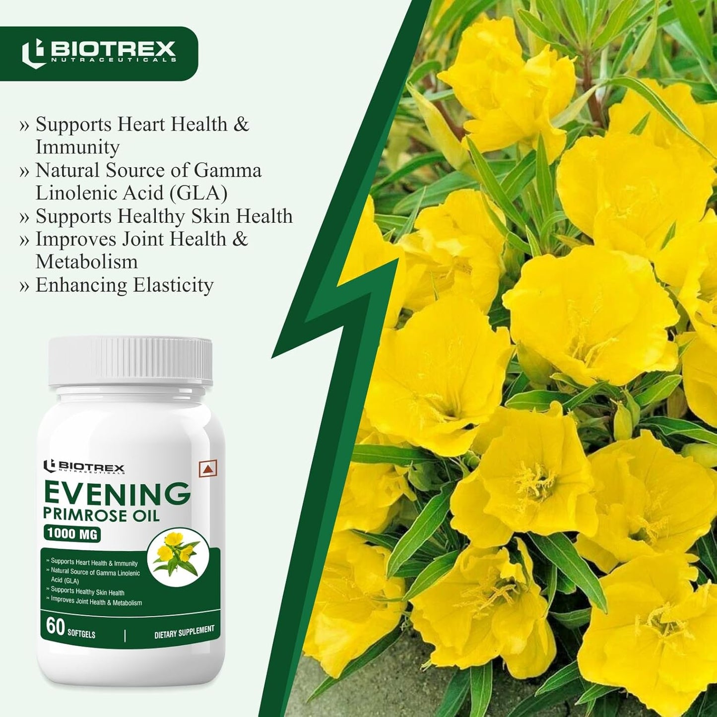 Biotrex Nutraceuticals Evening Primrose Oil 1000mg | Contains High GLA (10%) With Omega 6 & 9 | Supports Skin Health & Hormonal Balance | Women's Health | PMS & Menopause Comfort | Gluten Free & High Potency | 60 Softgels