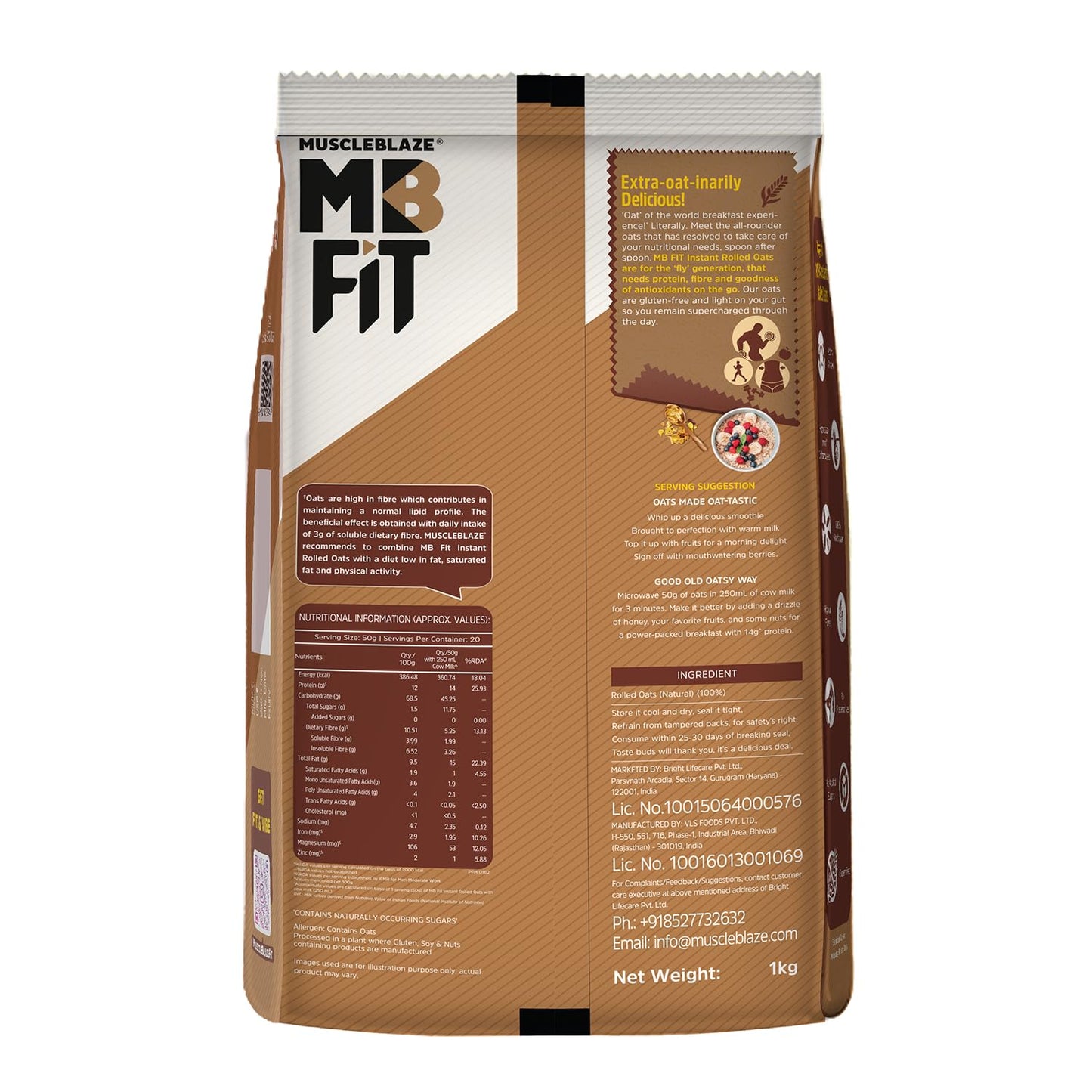 MuscleBlaze Fit Instant Oats (Unflavoured, 1kg) | 12g Protein | 100% Rolled Oats, Breakfast Cereals for Weight Management