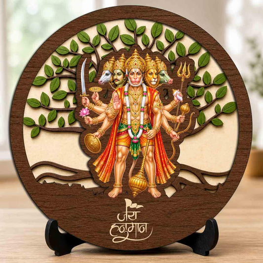 Plan To Gift Panchmukhi Hanuman Ji Premium Wooden God Idol for Indoor Temple, Living Room Shelf, Work Desk & Puja Decor - 5x5 Inch
