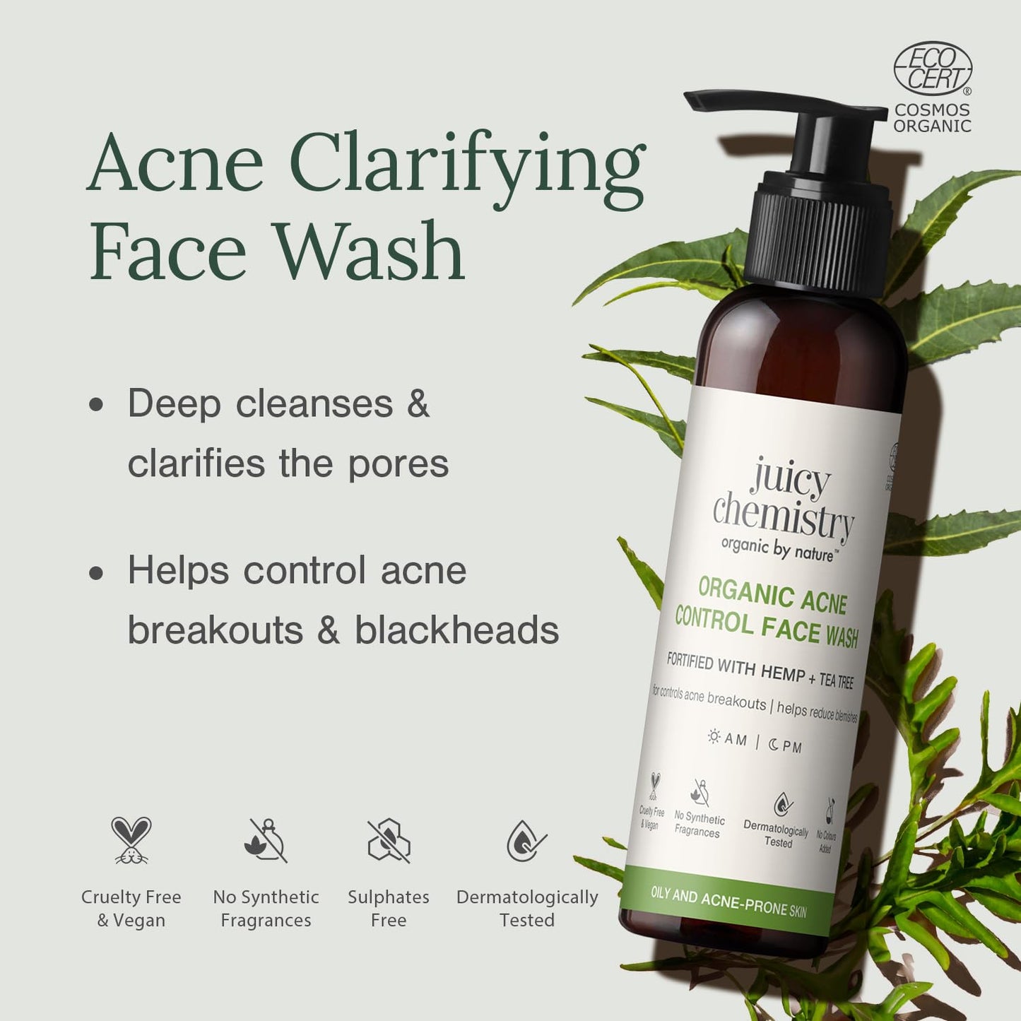 Juicy Chemistry Certified Organic Acne Control Face Wash with Hemp & Tea Tree, 110 ml | Reduces Blackheads | Evens Skin Tone & Restores Glow | Deeply Cleanses & Removes Impurities | Dermatologically Tested
