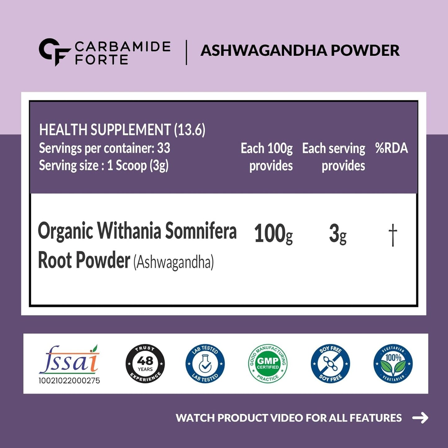 Carbamide Forte Ashwagandha Powder label with product details and certification logos on a purple background.