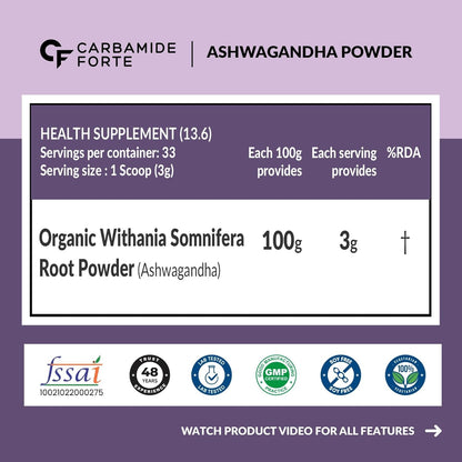 Carbamide Forte Ashwagandha Powder label with product details and certification logos on a purple background.