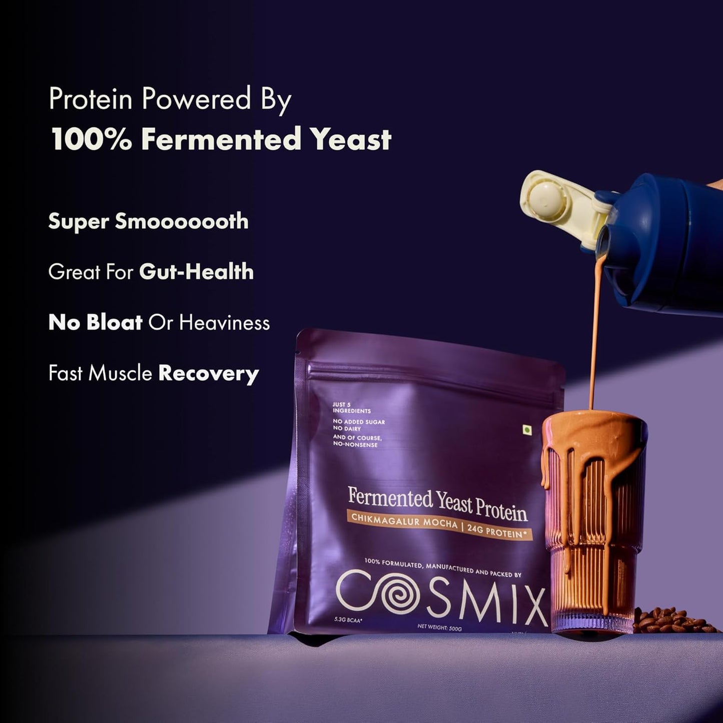 Cosmix Fermented Yeast Protein Powder | 24g Protein | Pure Single-Source Plant Protein | Made In-House | Smooth, Crazy tasty & Gut-Friendly | Chikmagalur Mocha, 500g Pouch