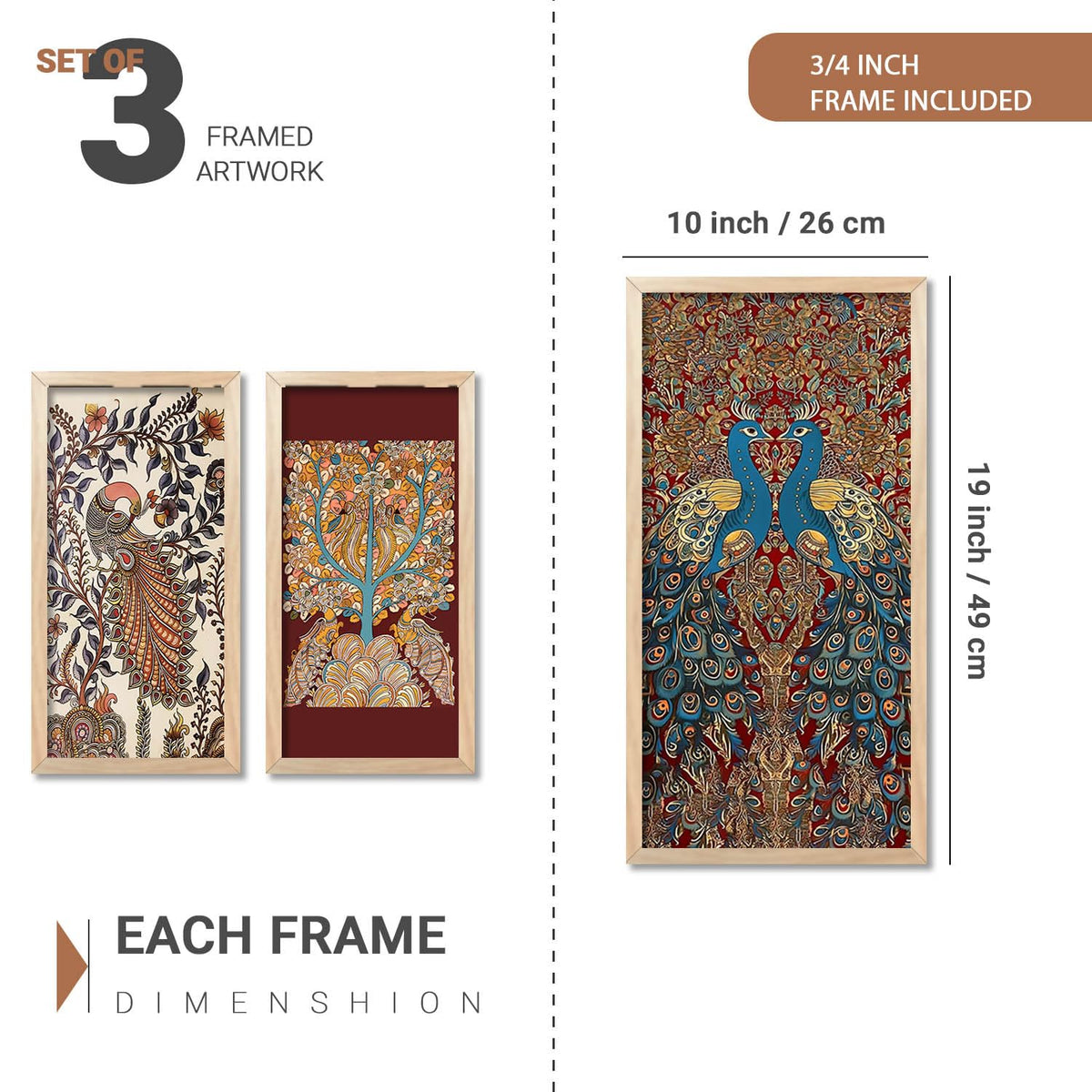 Indian Traditional Art Wall Painting Madhubani Home Decoration With Frame For Living Room Bed Room Hotel Wall Decor Digital Reprint Engineered Wood Set of 3 (Art 11, 10x19 inch)