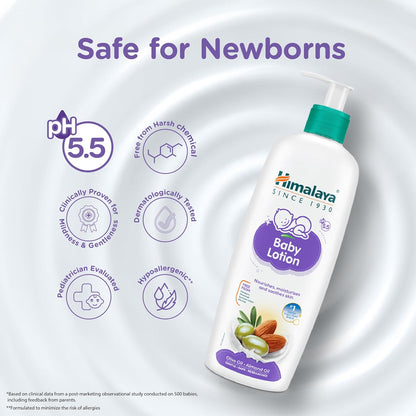 Himalaya Baby Lotion bottle with safety features highlighted on a light gray background