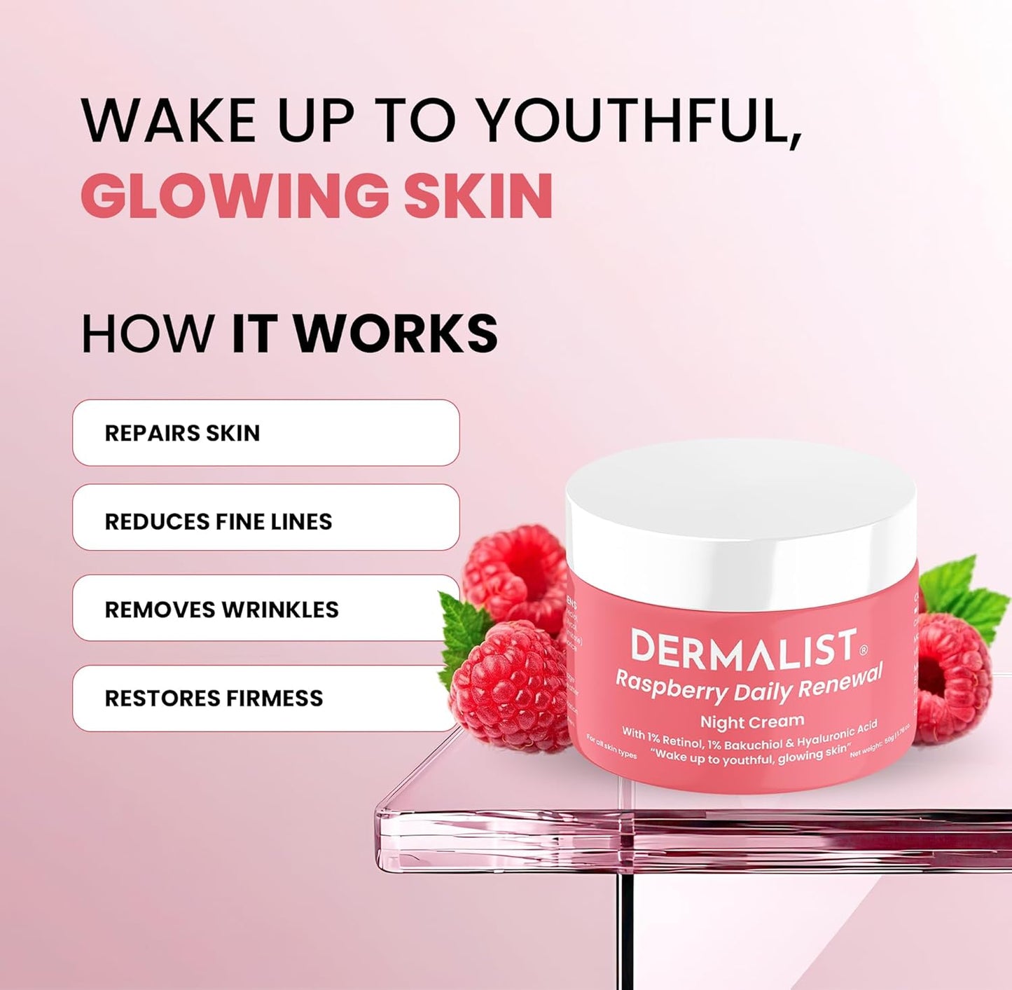 Dermalist Raspberry Daily Renewal Night Cream with text on a pink background