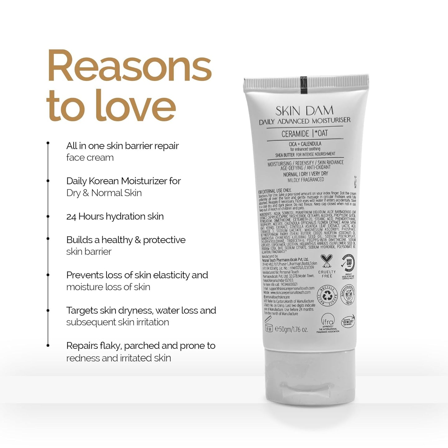 Personal Touch Skin Dam Korean Moisturizer Cream for Dry Skin | Ceramide 3 Barrier Repair Cream with Oat, Centella & Shea Butter | 72H Hydration | 50g