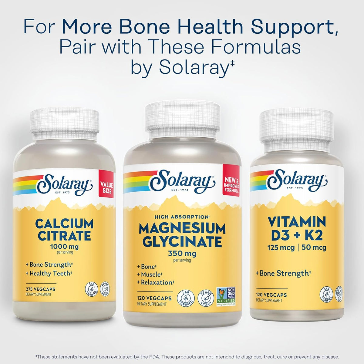 Three Solaray supplement bottles on a white background with text about bone health support.