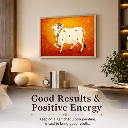 Kamdhenu Cow Vastu Wall Painting for Living Room Bedroom Hall Office Decor, Hindu Spiritual Religious Artwork, Premium Wooden Synthetic Frame (13.5 x 19.5 Inch) NM01-V-175