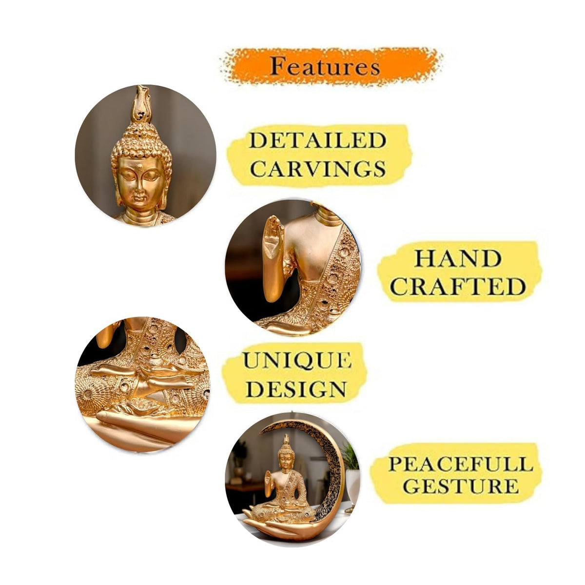 Big Meditating Moon Buddha Statue Showpiece Gold Finish | Spiritual Home Decor Idol for Living Room Meditation Table Office Shelf | Peaceful Zen Figurine Gift for Home Temple
