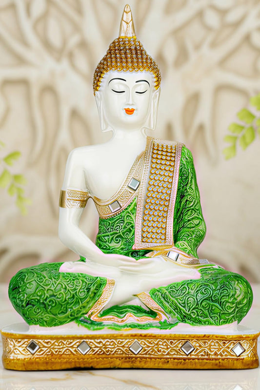 New Limited Edition 25 Centimetre Meditating Sitting Buddha Idol Statue showpiece Home Decor Decoration Items for Living Room and Gifts (Green White Glossy)