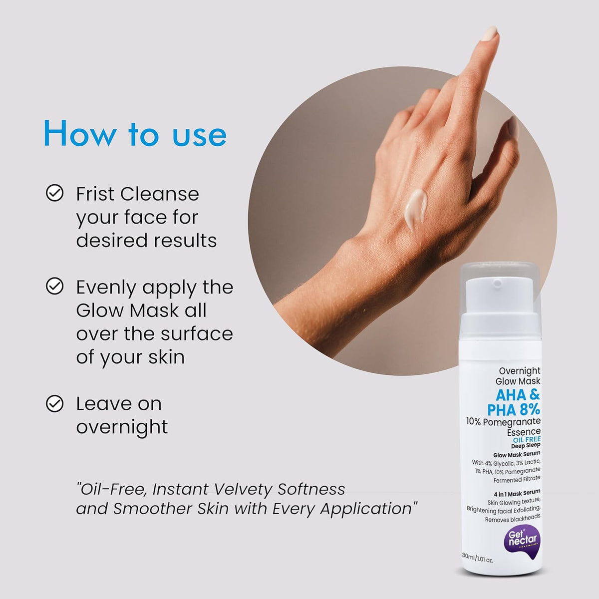 Skincare product with application instructions and a hand applying the product.