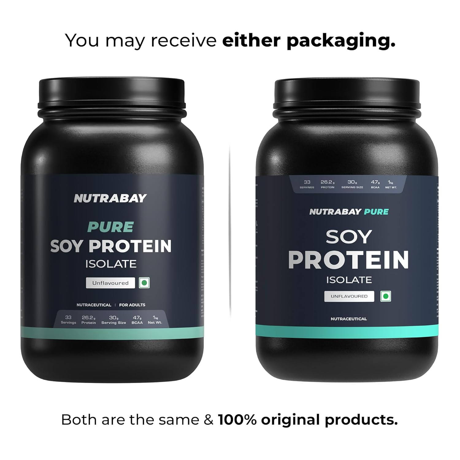 Two black containers of Nutrabay Pure Soy Protein Isolate on a white background.