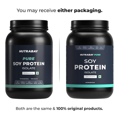 Two black containers of Nutrabay Pure Soy Protein Isolate on a white background.