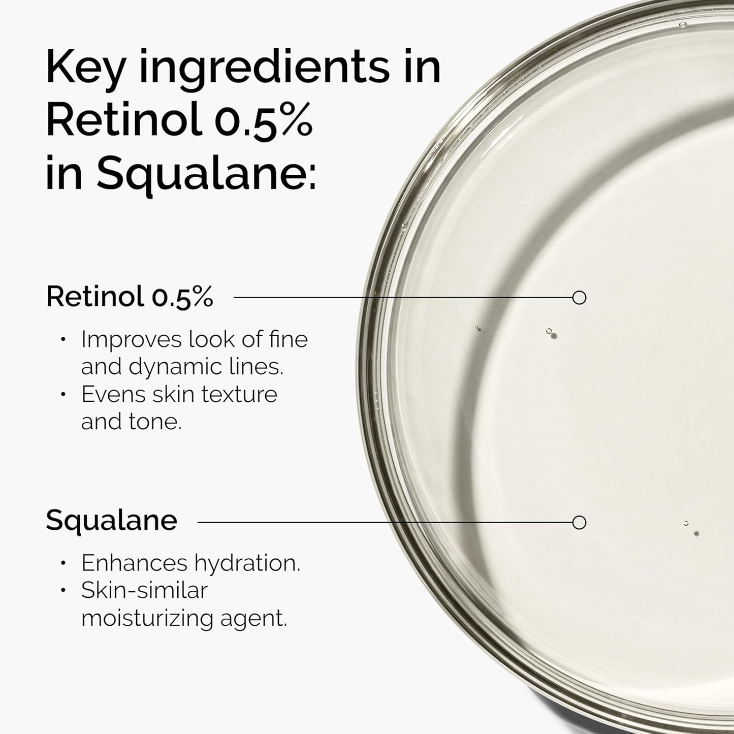 Product container with text detailing key ingredients in Retinol 0.5% in Squalane
