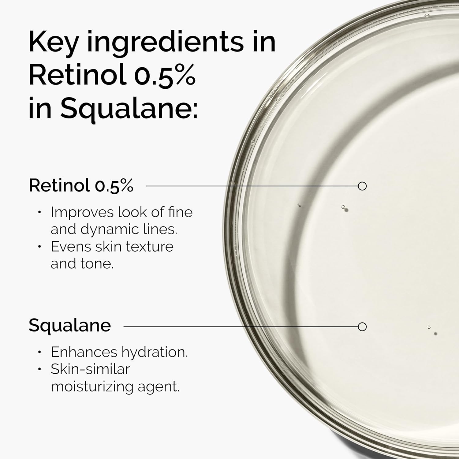 Product container with text detailing key ingredients in Retinol 0.5% in Squalane