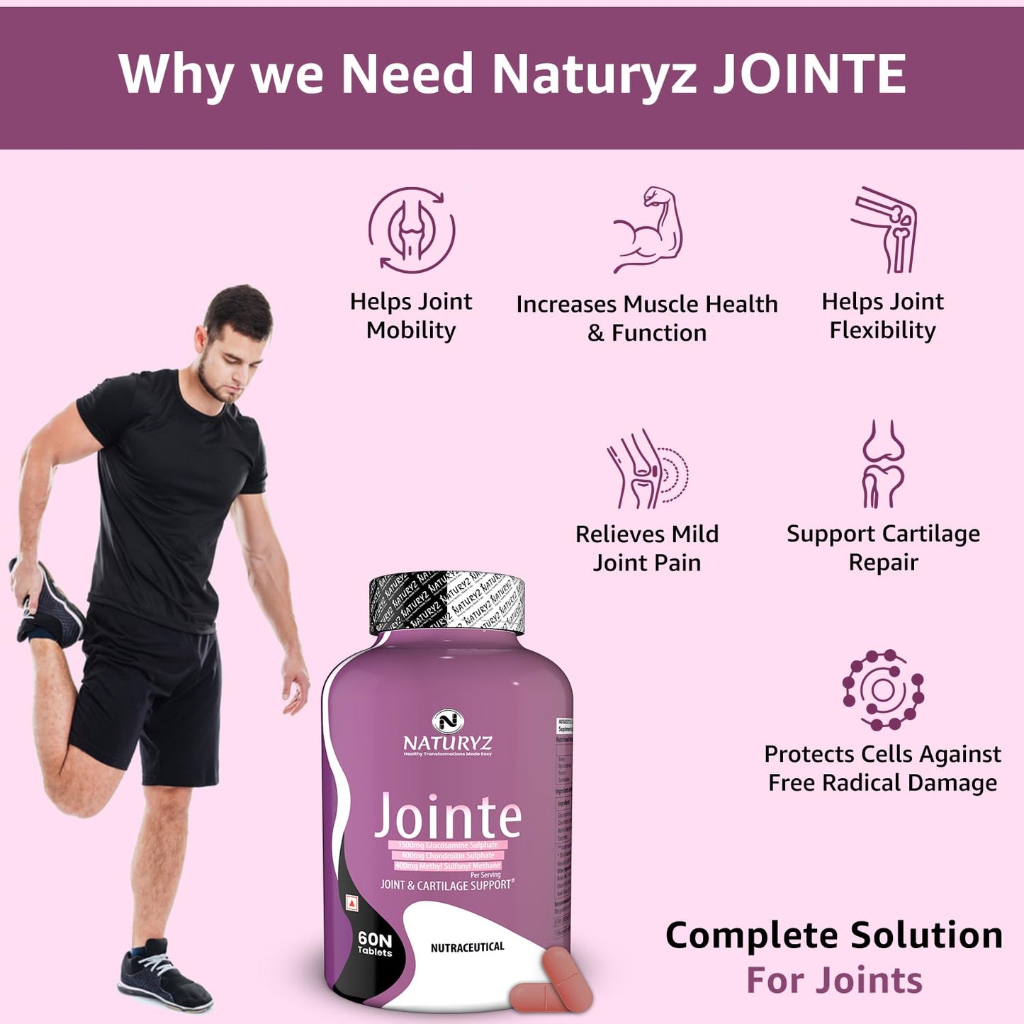 Advertisement for Naturyz JOINTE showing a man stretching with product packaging and listed benefits on a pink background.