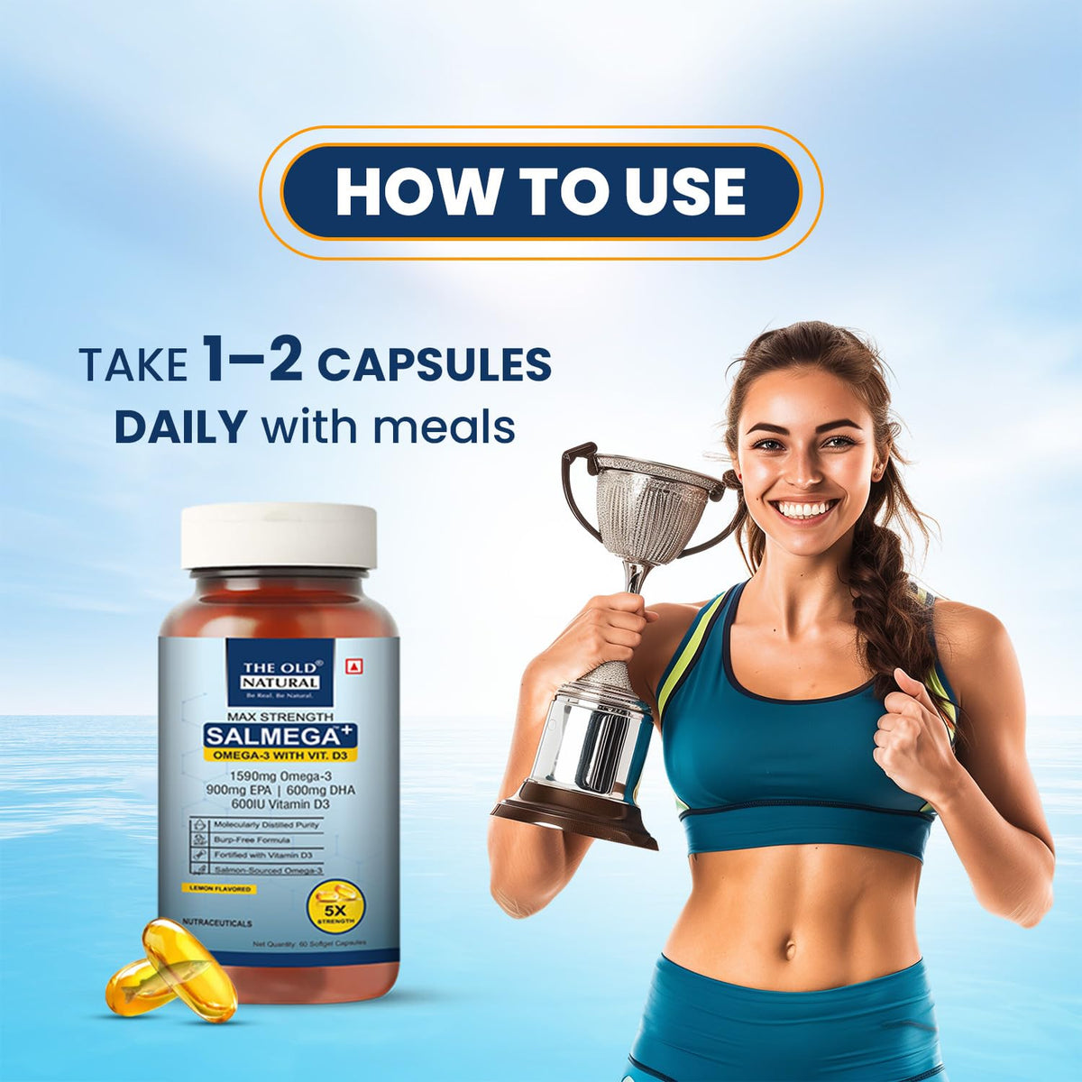 The Old Natural Salmega Omega 3 Fish Oil with Vitamin D3 600 IU – 1590mg High Strength (900mg EPA & 600mg DHA) for Heart, Brain, Joint & Immunity Support – Fish Oil Capsules for Men & Women – 60 Softgels